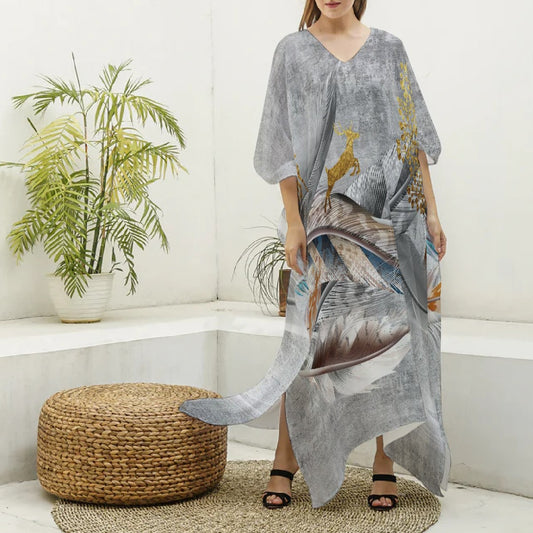 All-Over Print Women's Imitation Silk V-neck Kaftan Robe