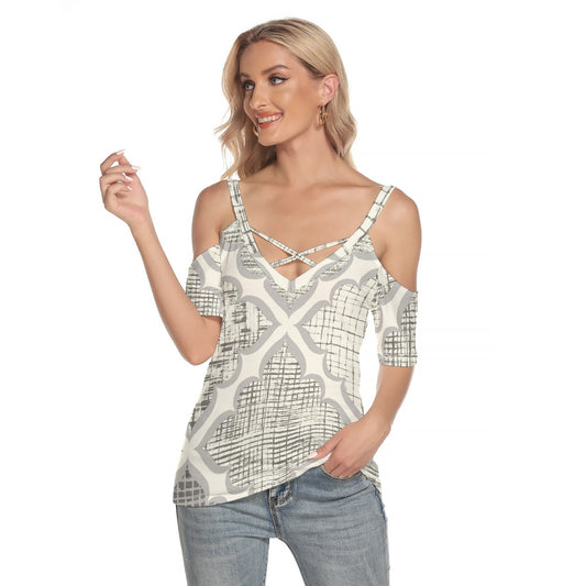 All-Over Print Women's Cold Shoulder T-shirt With Criss Cross Strips