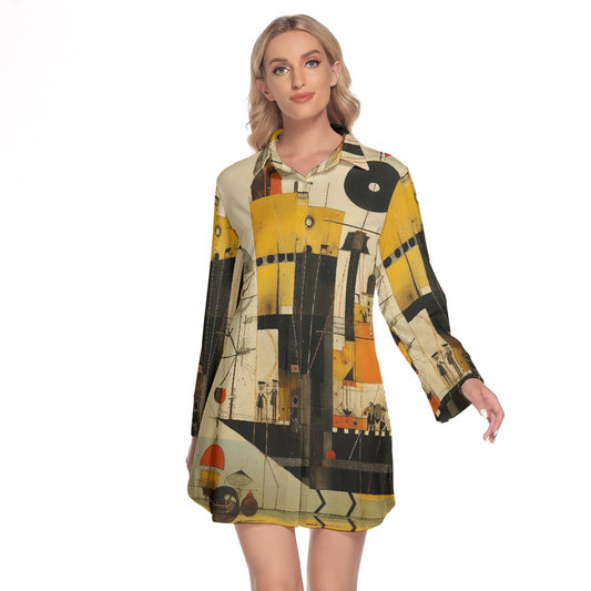 All-Over Print Women's Lapel Shirt Dress With Long Sleeve