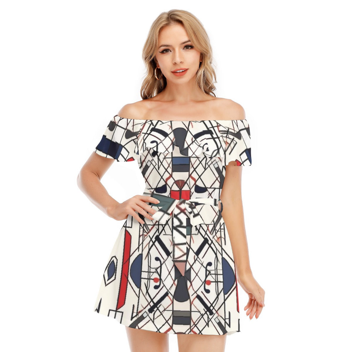 All-Over Print Women's Off-shoulder Dress With Ruffle