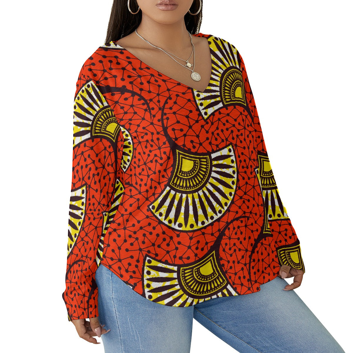 All-Over Print Women's V-neck T-shirt With Curved Hem(Plus Size)