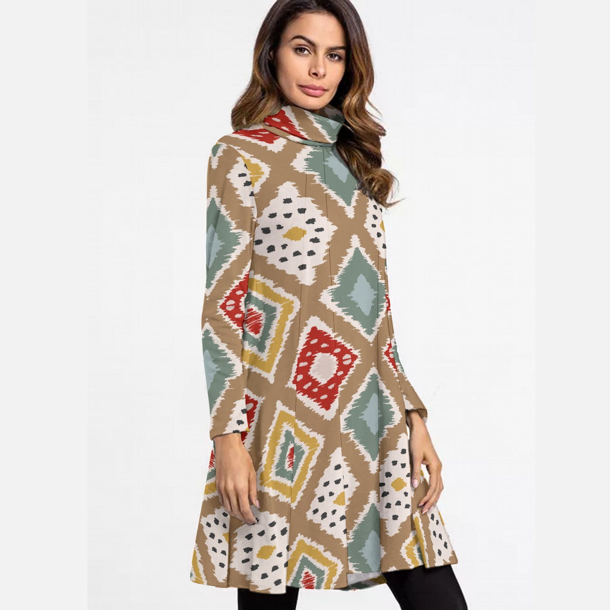 All-Over Print Women's High Neck Dress With Long Sleeve