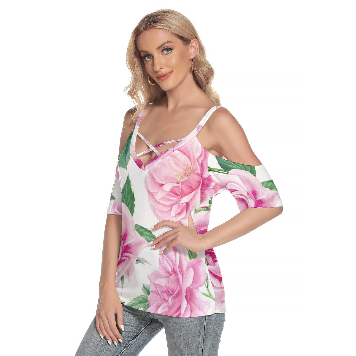 All-Over Print Women's Cold Shoulder T-shirt With Criss Cross Strips