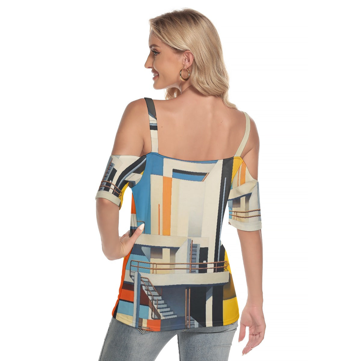 All-Over Print Women's Cold Shoulder T-shirt With Criss Cross Strips