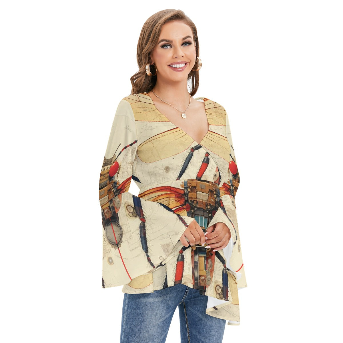 All-Over Print Women's V-neck Blouse With Flared Sleeves