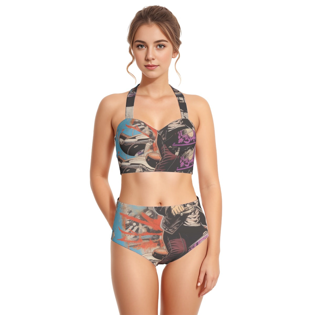 All-Over Print Women's Swimsuit Set With Halter