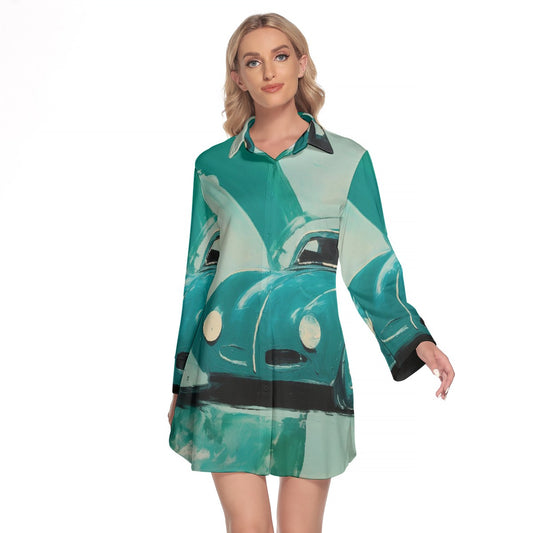 All-Over Print Women's Lapel Shirt Dress With Long Sleeve