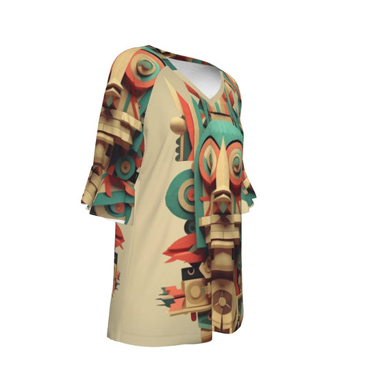 All-Over Print V-neck Women's T-shirt With Bell Sleeve