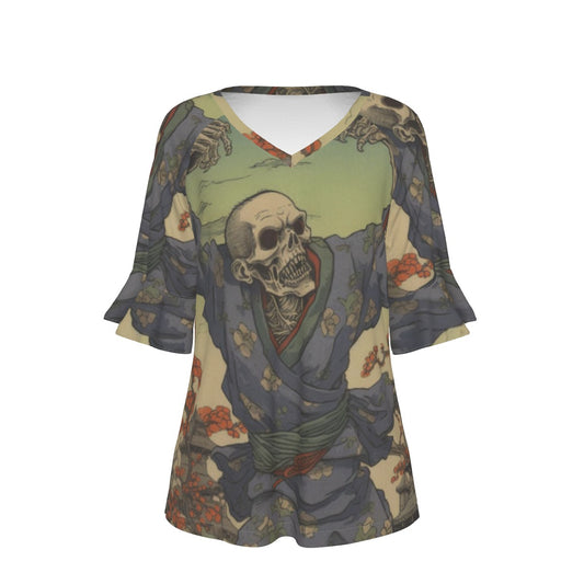 All-Over Print V-neck Women's T-shirt With Bell Sleeve