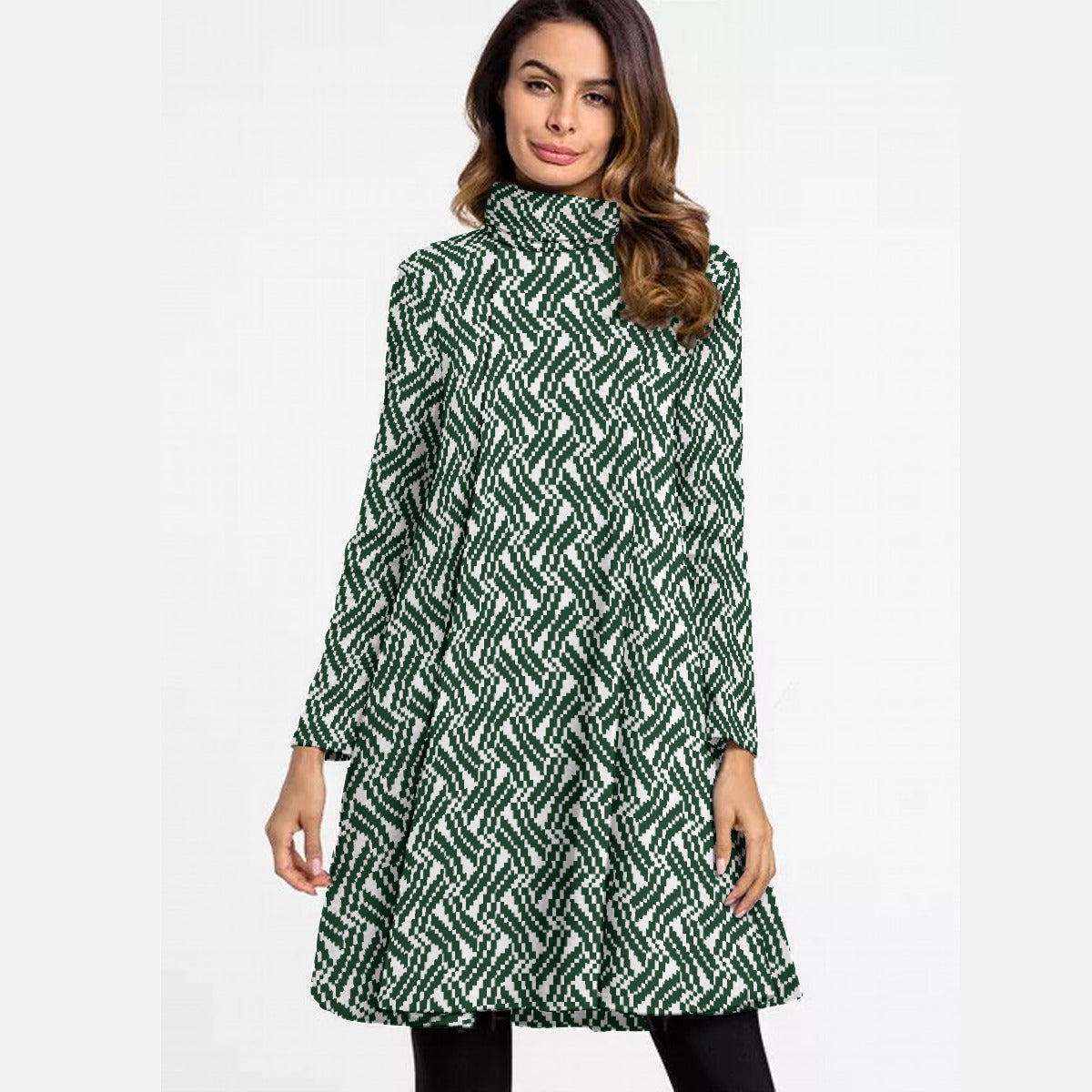 All-Over Print Women's High Neck Dress With Long Sleeve