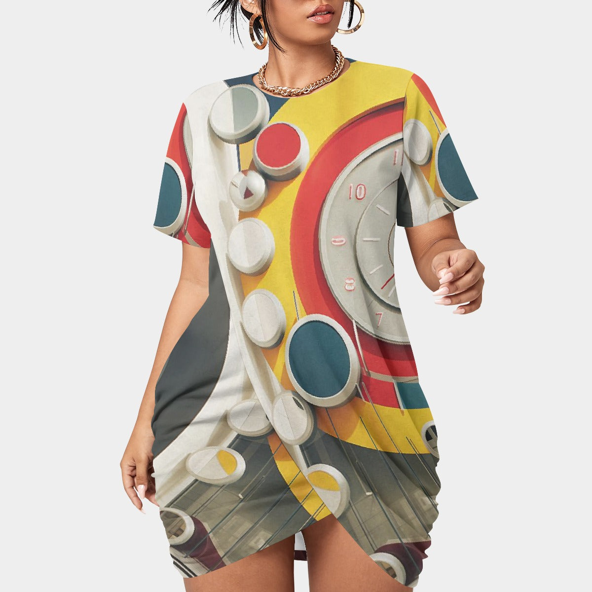 All-Over Print Women’s Stacked Hem Dress With Short Sleeve（Plus Size）