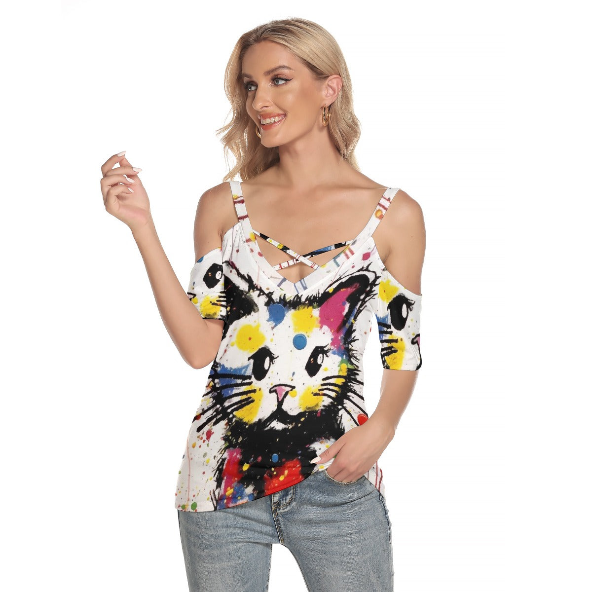 All-Over Print Women's Cold Shoulder T-shirt With Criss Cross Strips