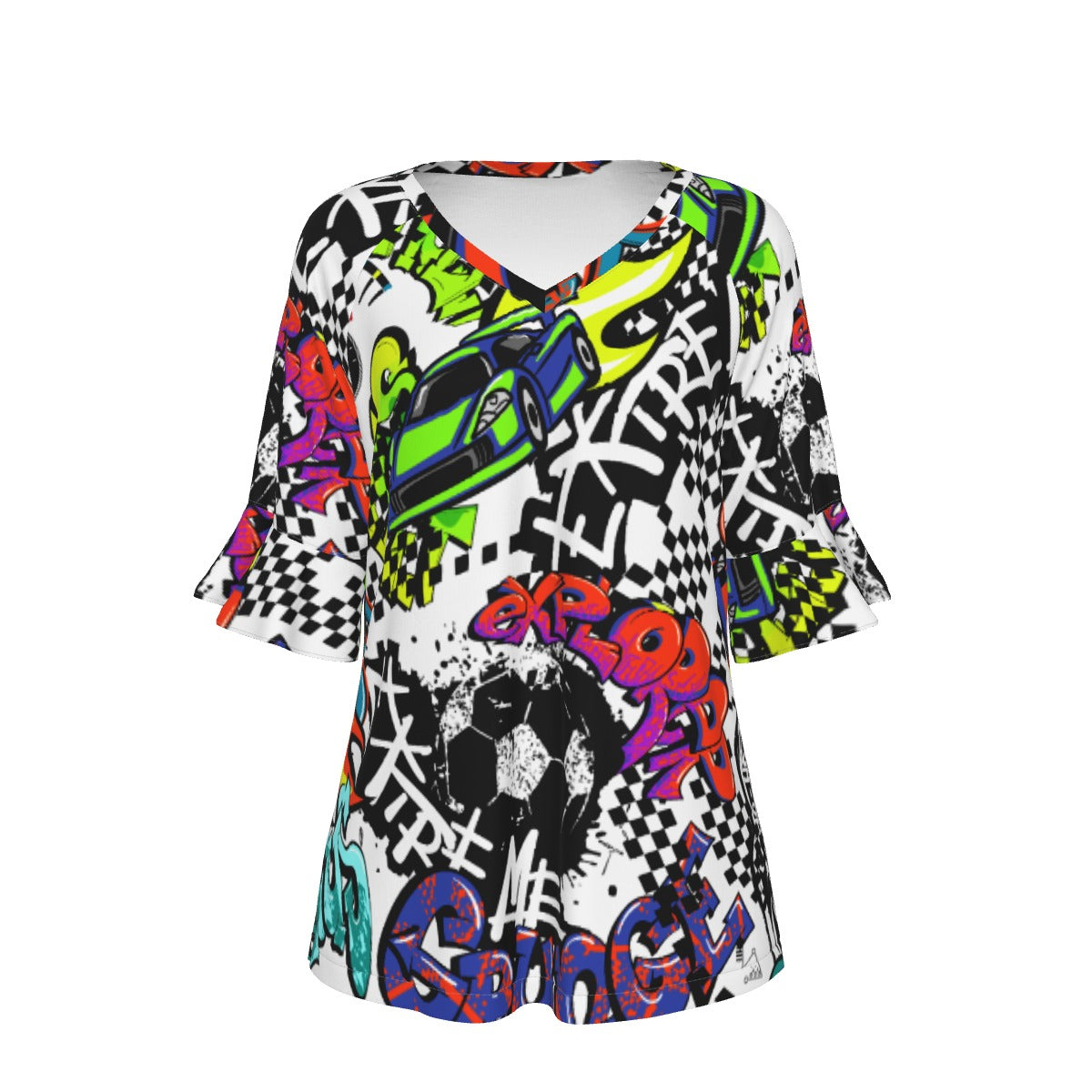 All-Over Print V-neck Women's T-shirt With Bell Sleeve