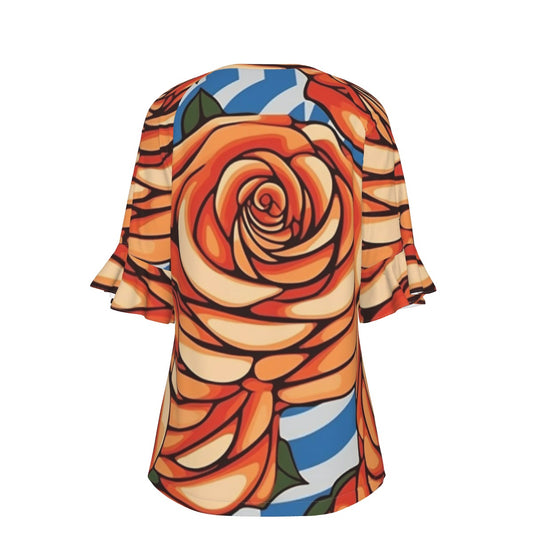 All-Over Print V-neck Women's T-shirt With Bell Sleeve