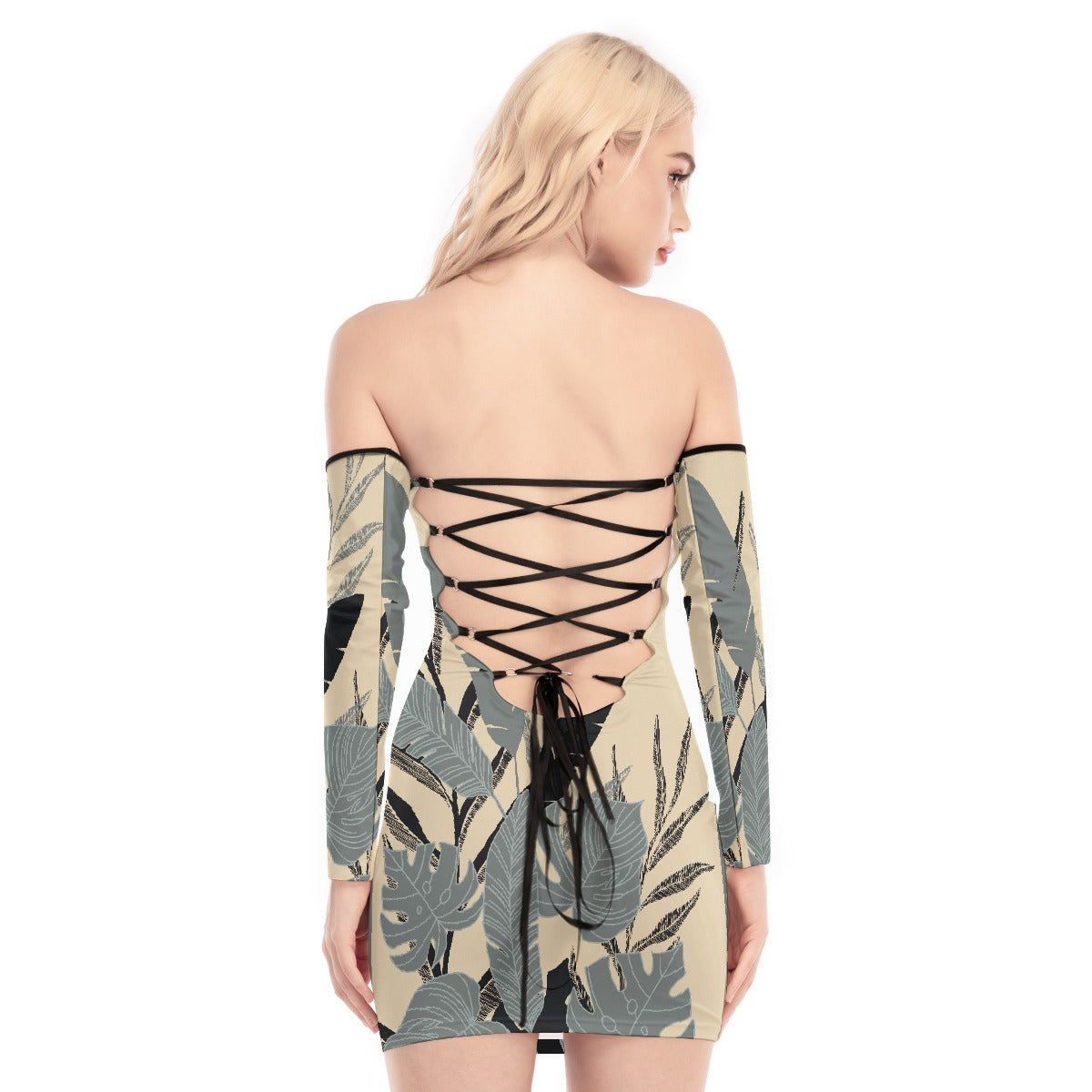 All-Over Print Women's Off-shoulder Back Lace-up Dress