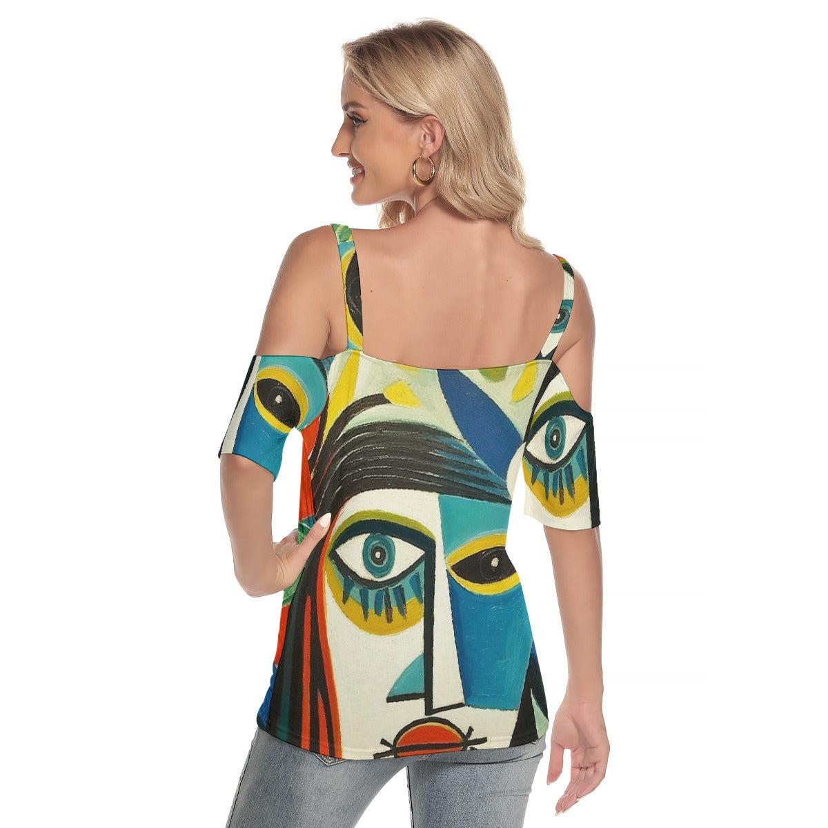 All-Over Print Women's Cold Shoulder T-shirt With Criss Cross Strips