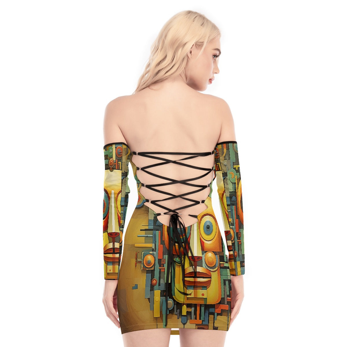 All-Over Print Women's Off-shoulder Back Lace-up Dress