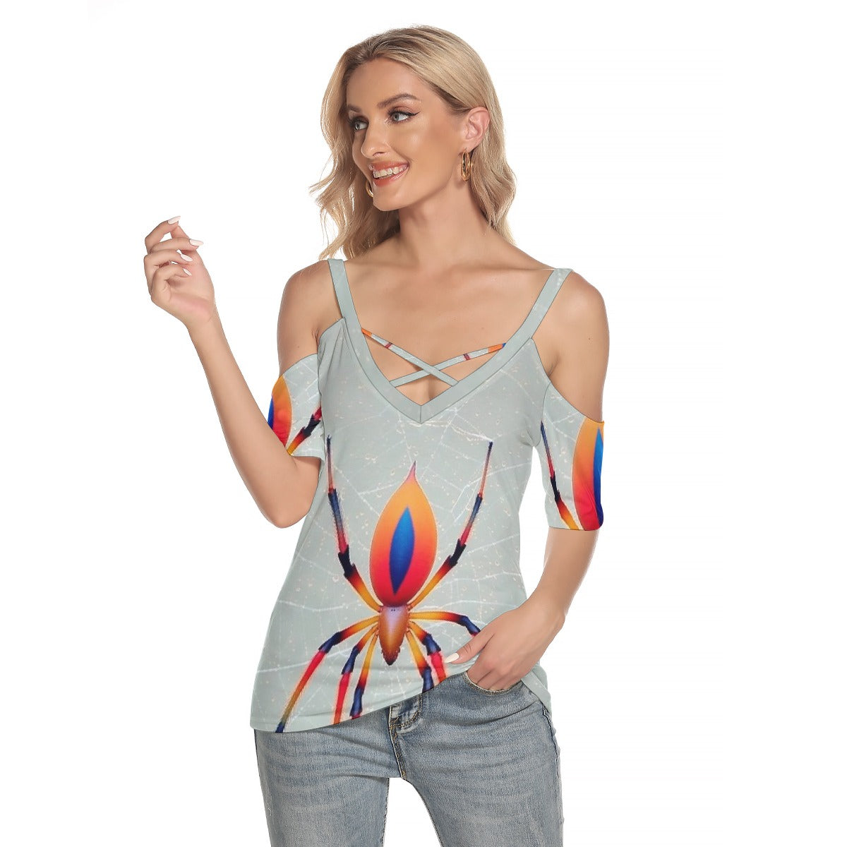 All-Over Print Women's Cold Shoulder T-shirt With Criss Cross Strips