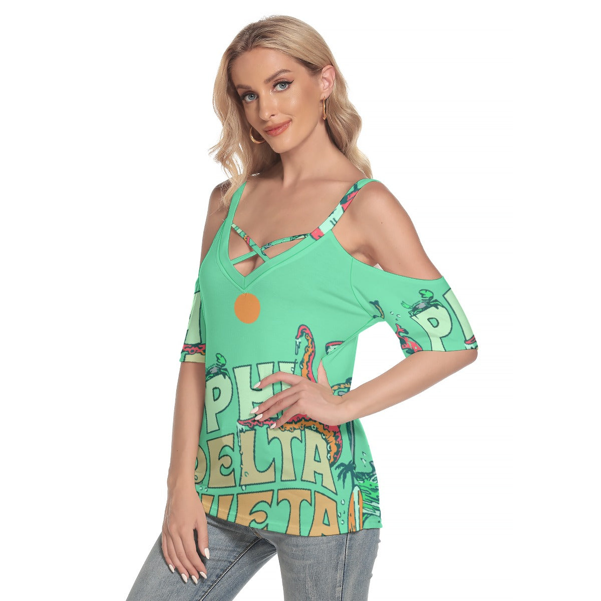 All-Over Print Women's Cold Shoulder T-shirt With Criss Cross Strips