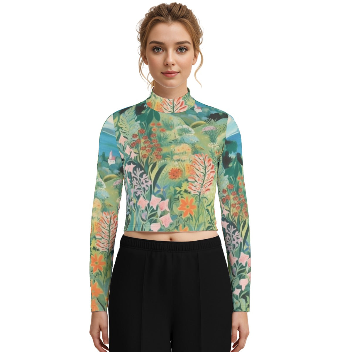 Eco-Friendly All-Over Print Women's Turtleneck T-shirt With Long Sleeve