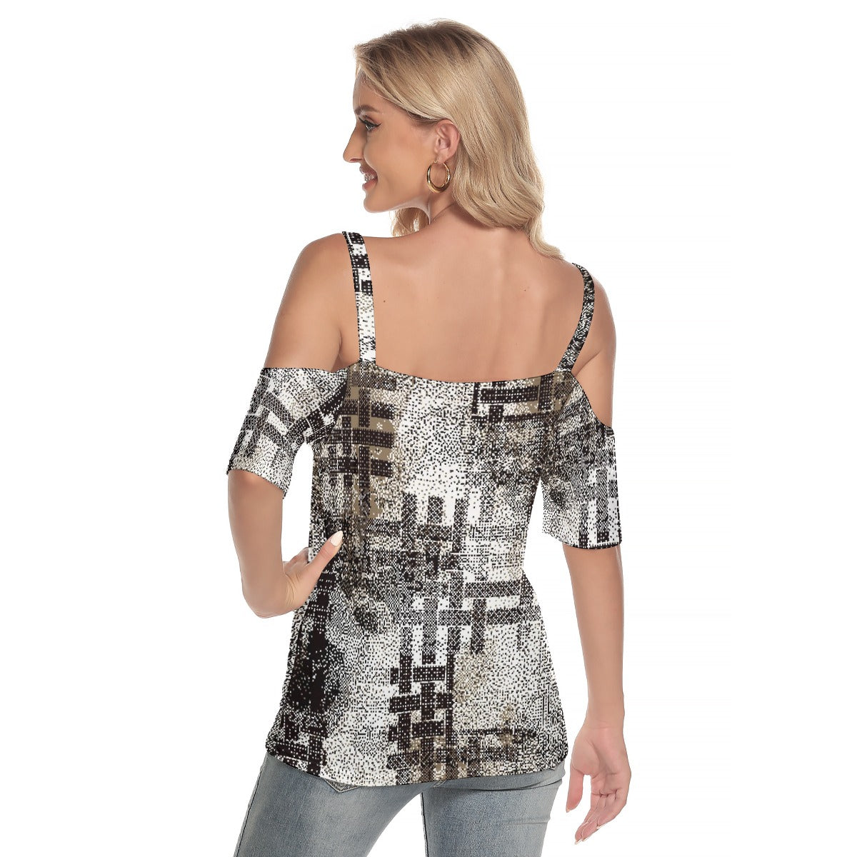 All-Over Print Women's Cold Shoulder T-shirt With Criss Cross Strips