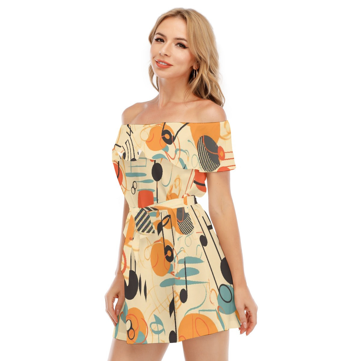 All-Over Print Women's Off-shoulder Dress With Ruffle