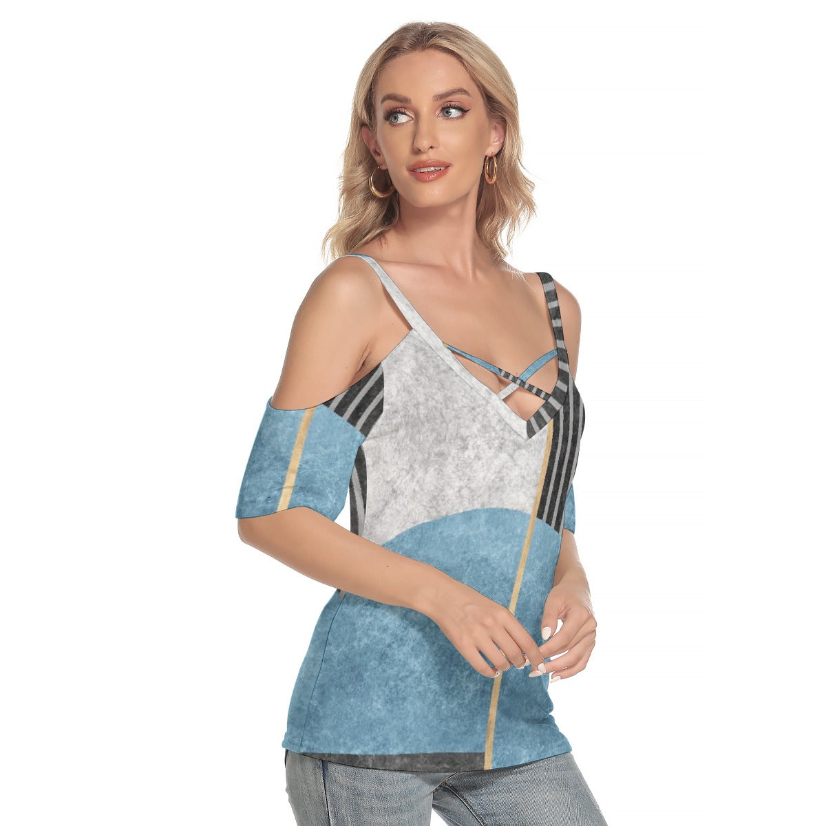 All-Over Print Women's Cold Shoulder T-shirt With Criss Cross Strips