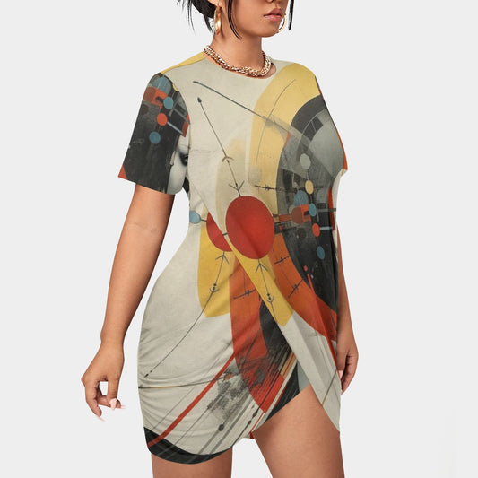 All-Over Print Women’s Stacked Hem Dress With Short Sleeve（Plus Size）