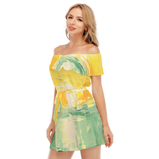 All-Over Print Women's Off-shoulder Dress With Ruffle