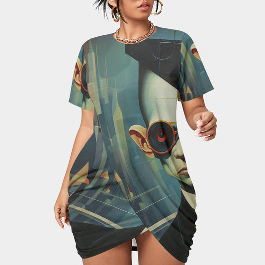 All-Over Print Women’s Stacked Hem Dress With Short Sleeve（Plus Size）