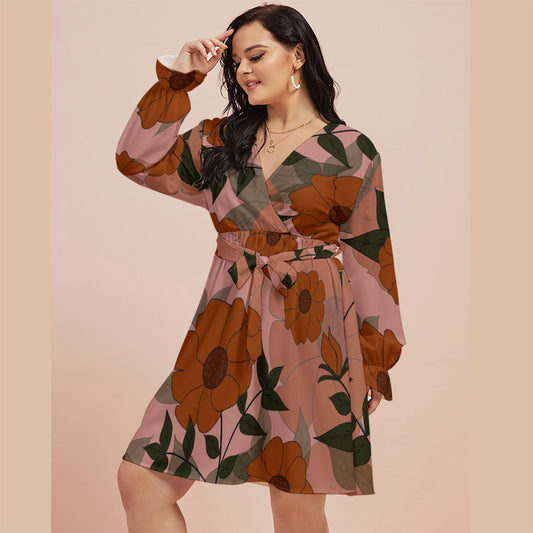 All-Over Print Women's V-neck Dress With Waistband(Plus Size)