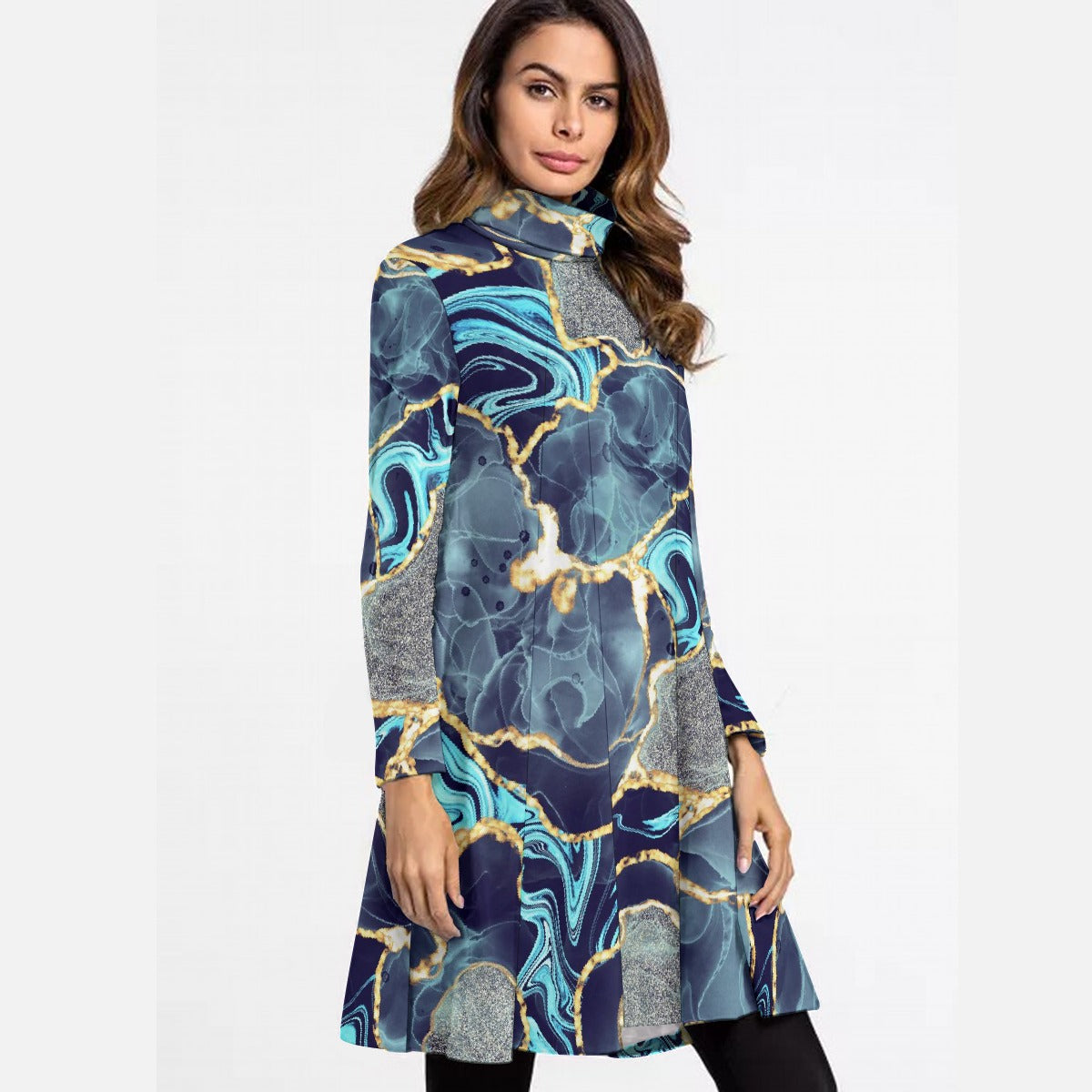 All-Over Print Women's High Neck Dress With Long Sleeve