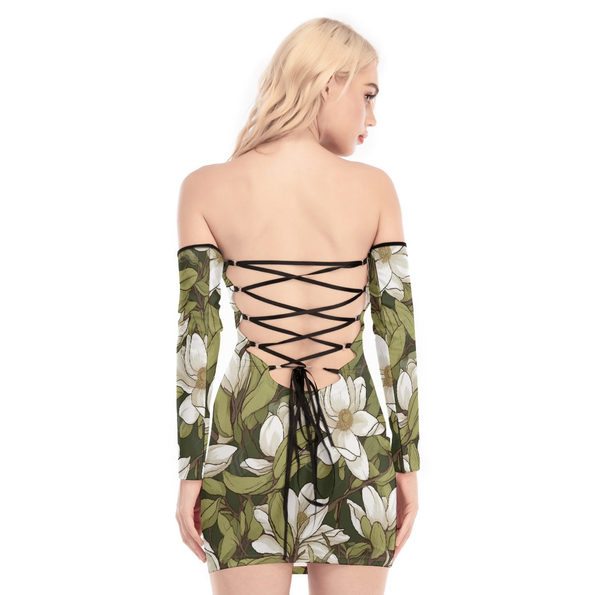 All-Over Print Women's Off-shoulder Back Lace-up Dress