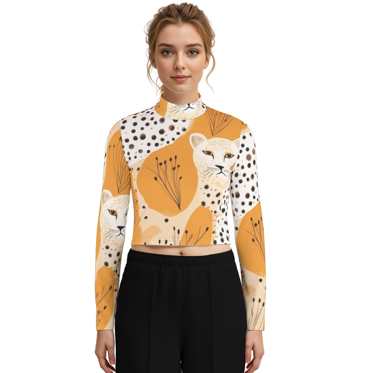 Eco-Friendly All-Over Print Women's Turtleneck T-shirt With Long Sleeve