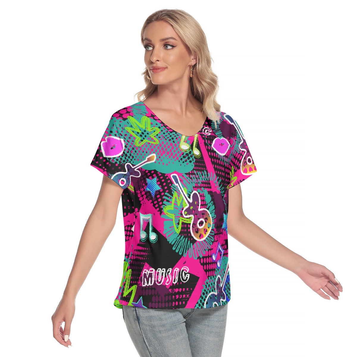 All-Over Print Women's Loose V-neck Short Sleeve T-shirt