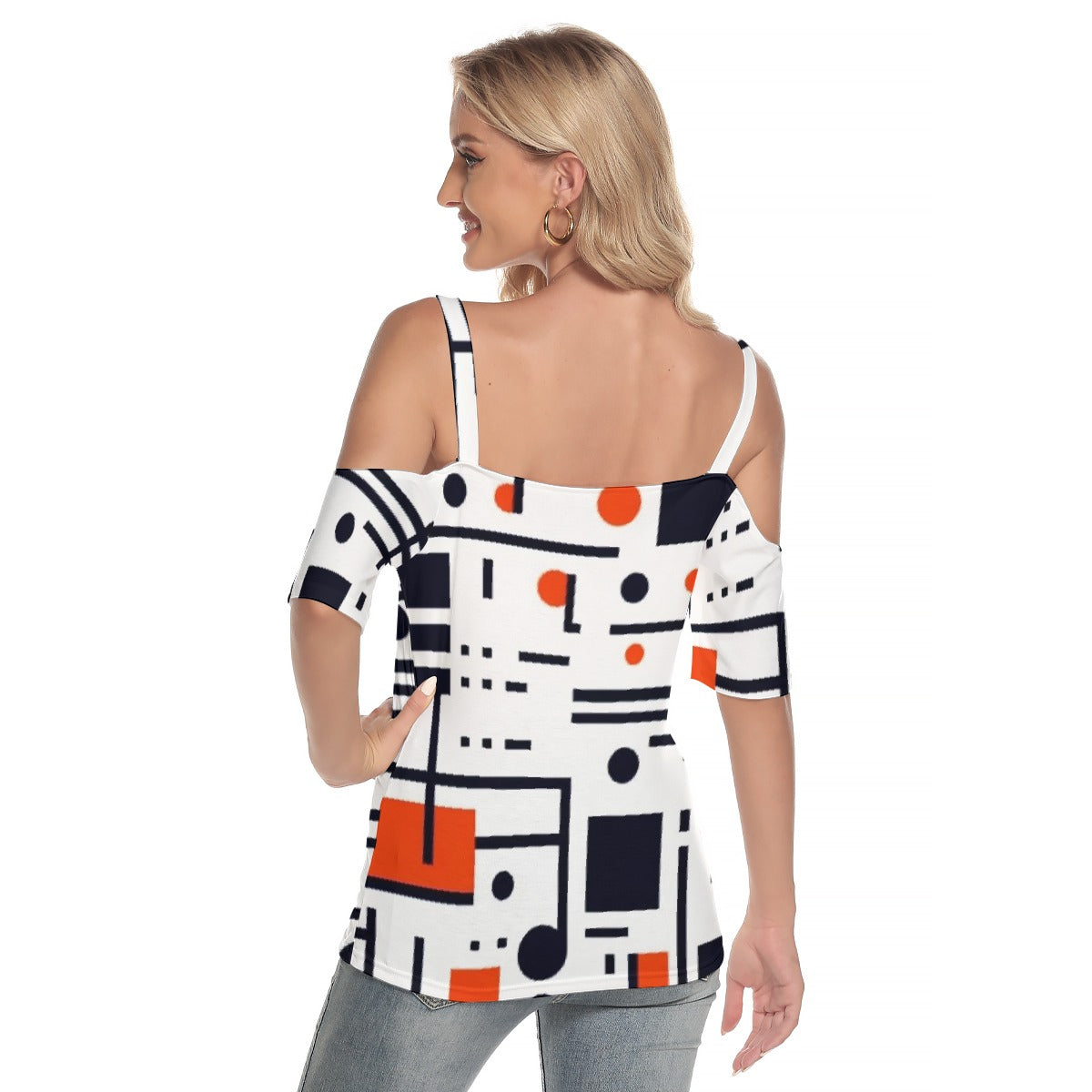 All-Over Print Women's Cold Shoulder T-shirt With Criss Cross Strips