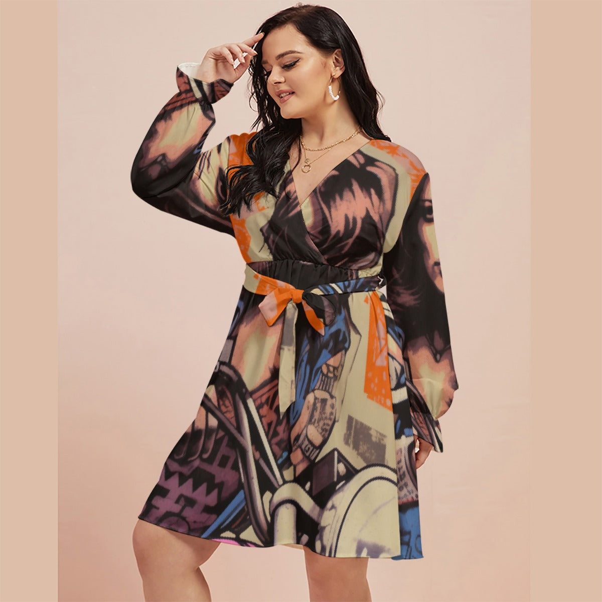 All-Over Print Women's V-neck Dress With Waistband(Plus Size)