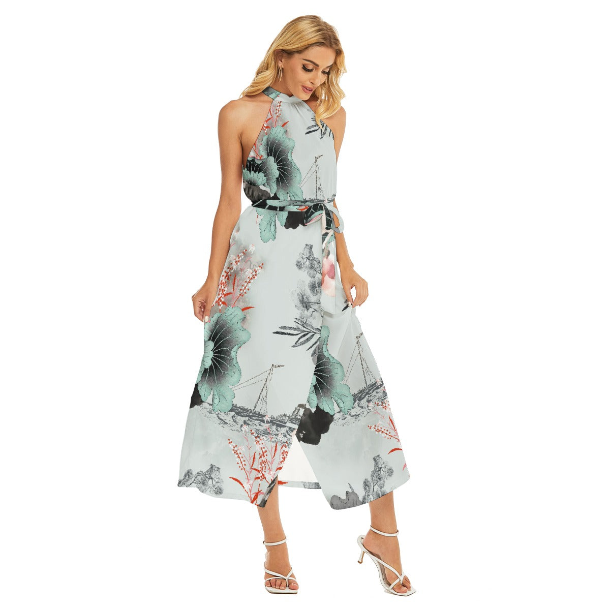 All-Over Print Women's Wrap Hem Belted Halter Dress