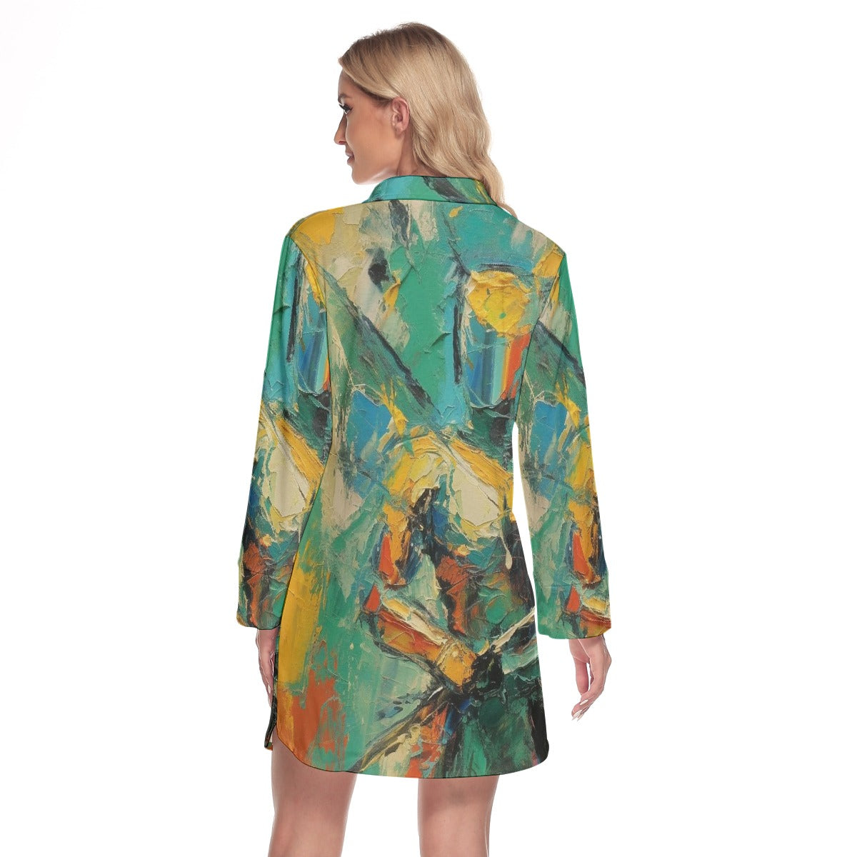 All-Over Print Women's Lapel Shirt Dress With Long Sleeve