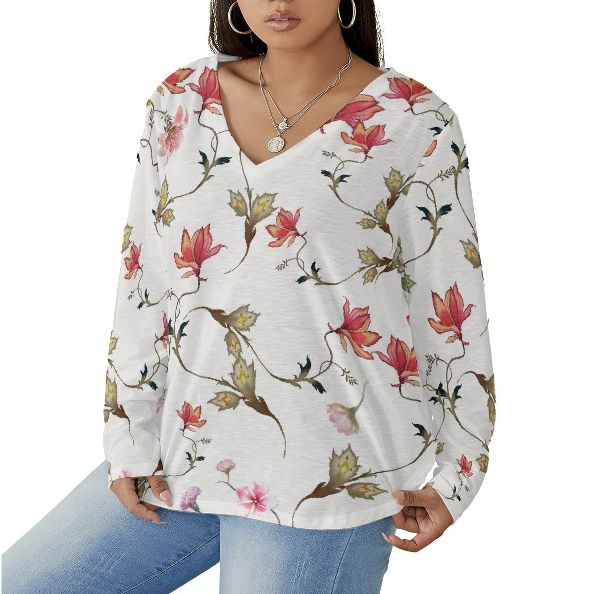 All-Over Print Women's V-neck T-shirt With Curved Hem(Plus Size)