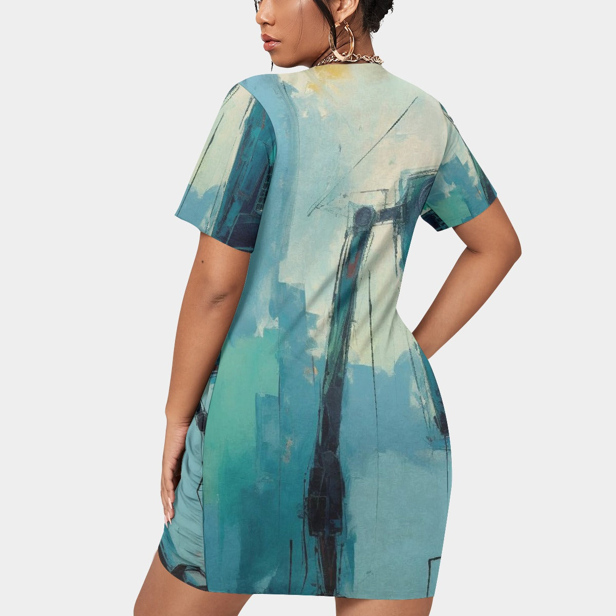 All-Over Print Women’s Stacked Hem Dress With Short Sleeve（Plus Size）