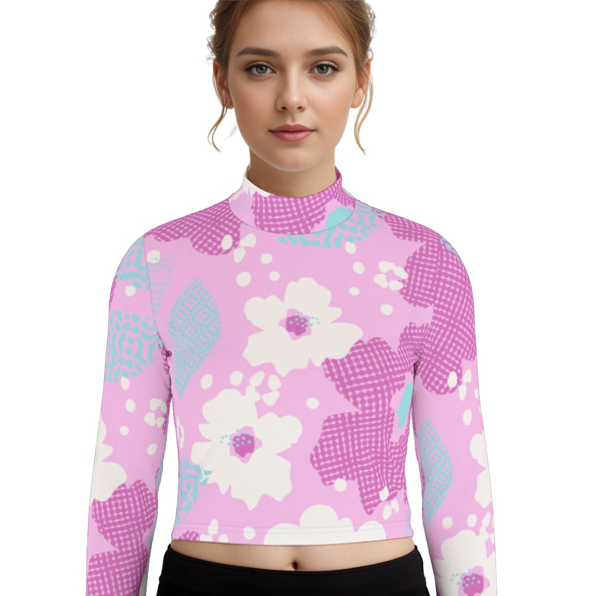 Eco-Friendly All-Over Print Women's Turtleneck T-shirt With Long Sleeve