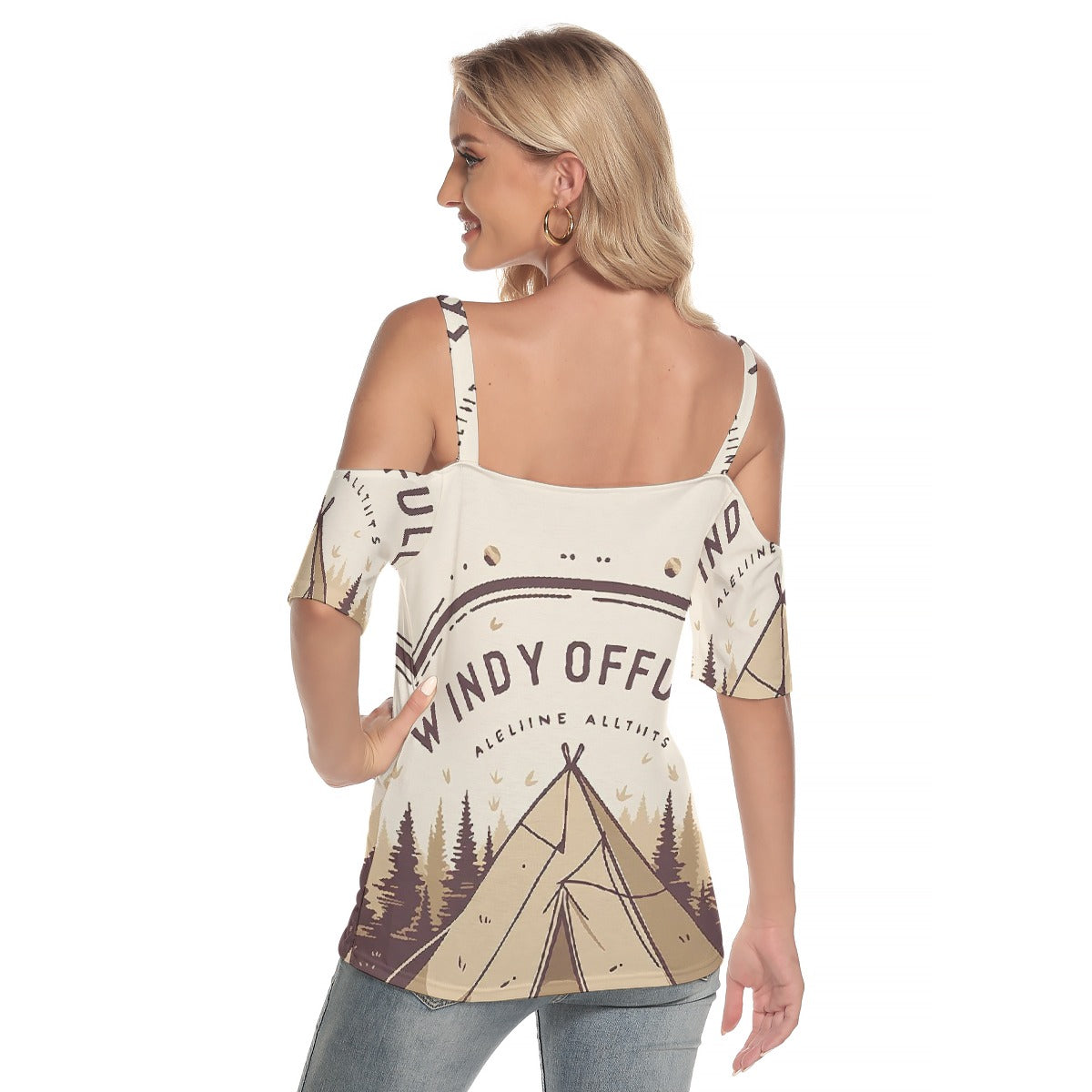 All-Over Print Women's Cold Shoulder T-shirt With Criss Cross Strips