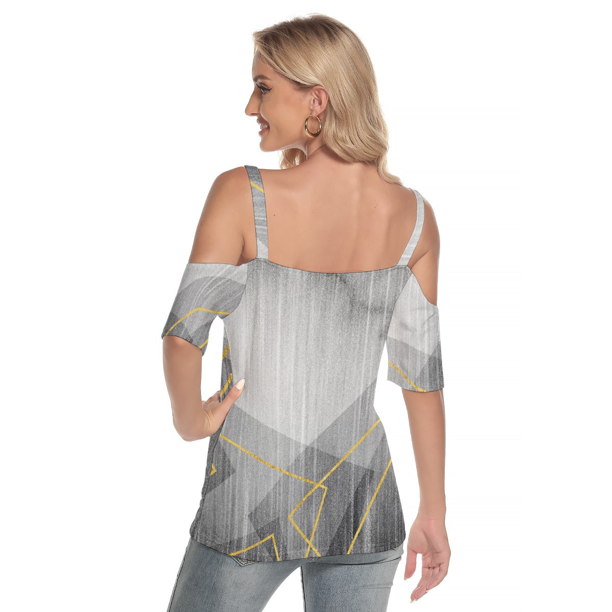 All-Over Print Women's Cold Shoulder T-shirt With Criss Cross Strips