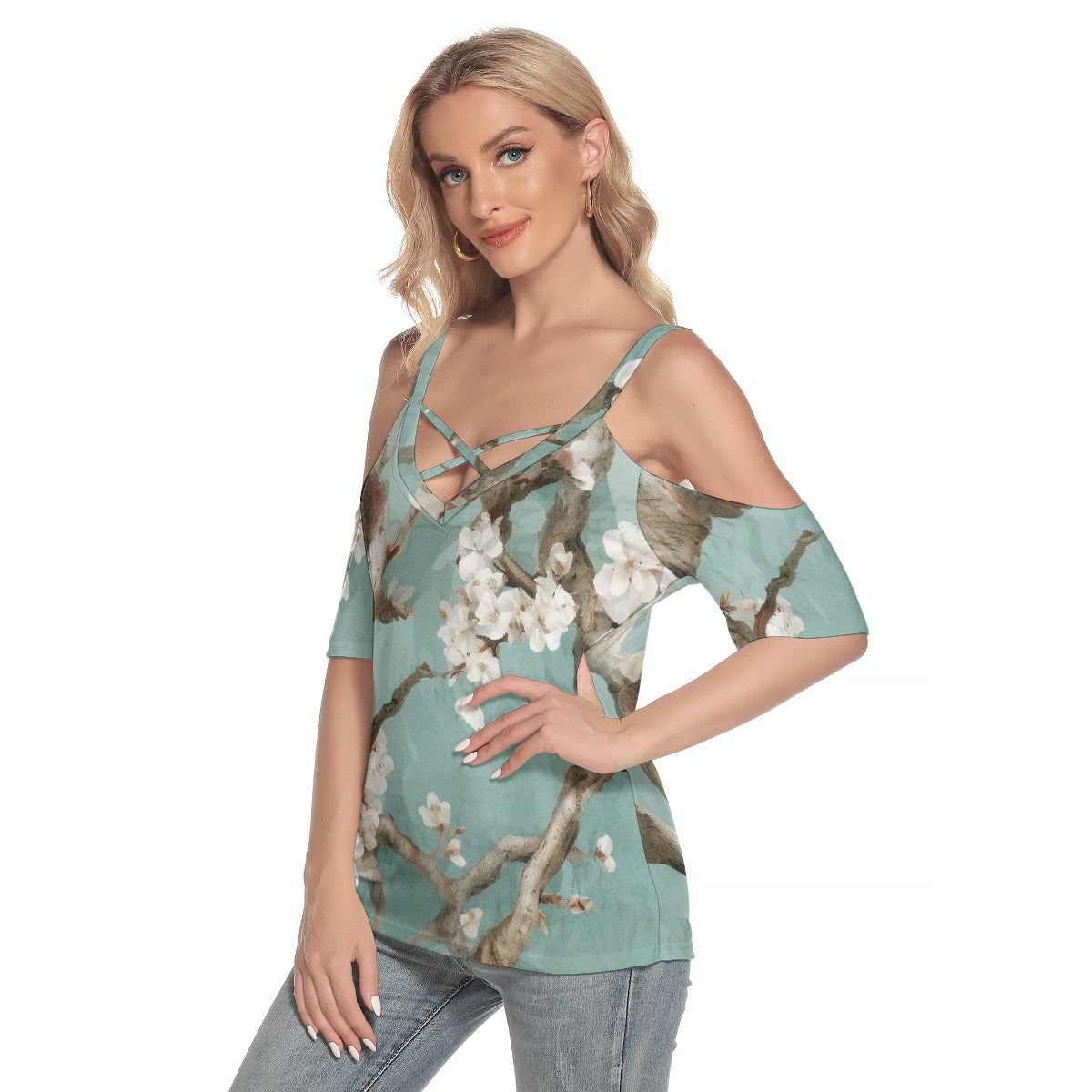 All-Over Print Women's Cold Shoulder T-shirt With Criss Cross Strips