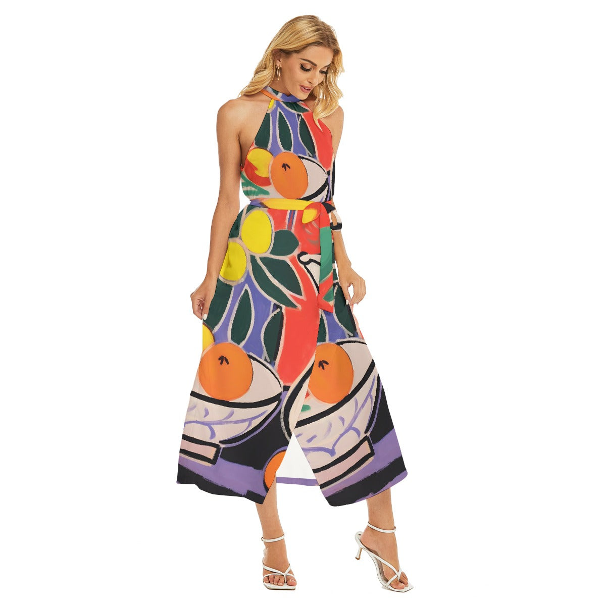 All-Over Print Women's Wrap Hem Belted Halter Dress