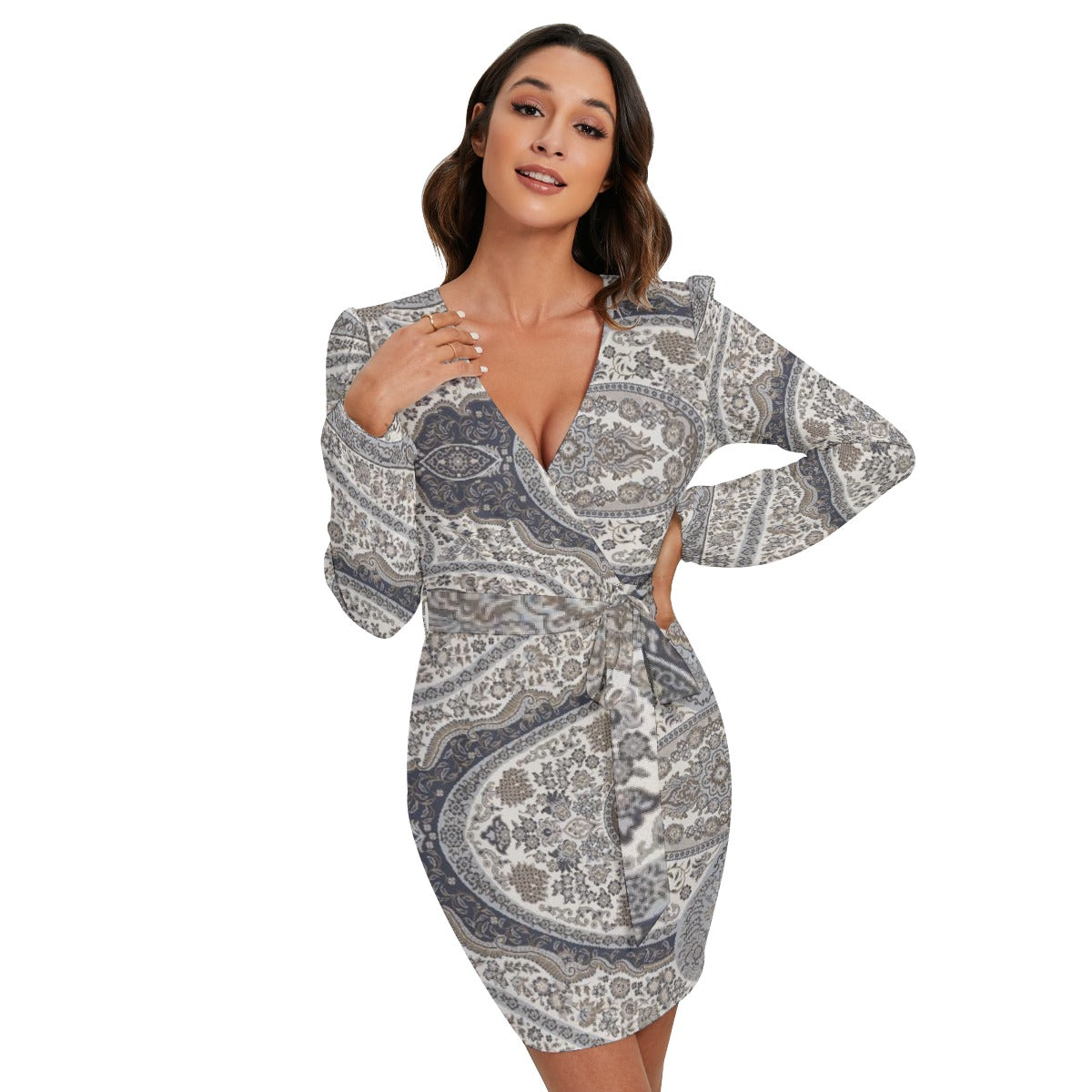 All-Over Print Women's Long Sleeve Dress With Waist Belt