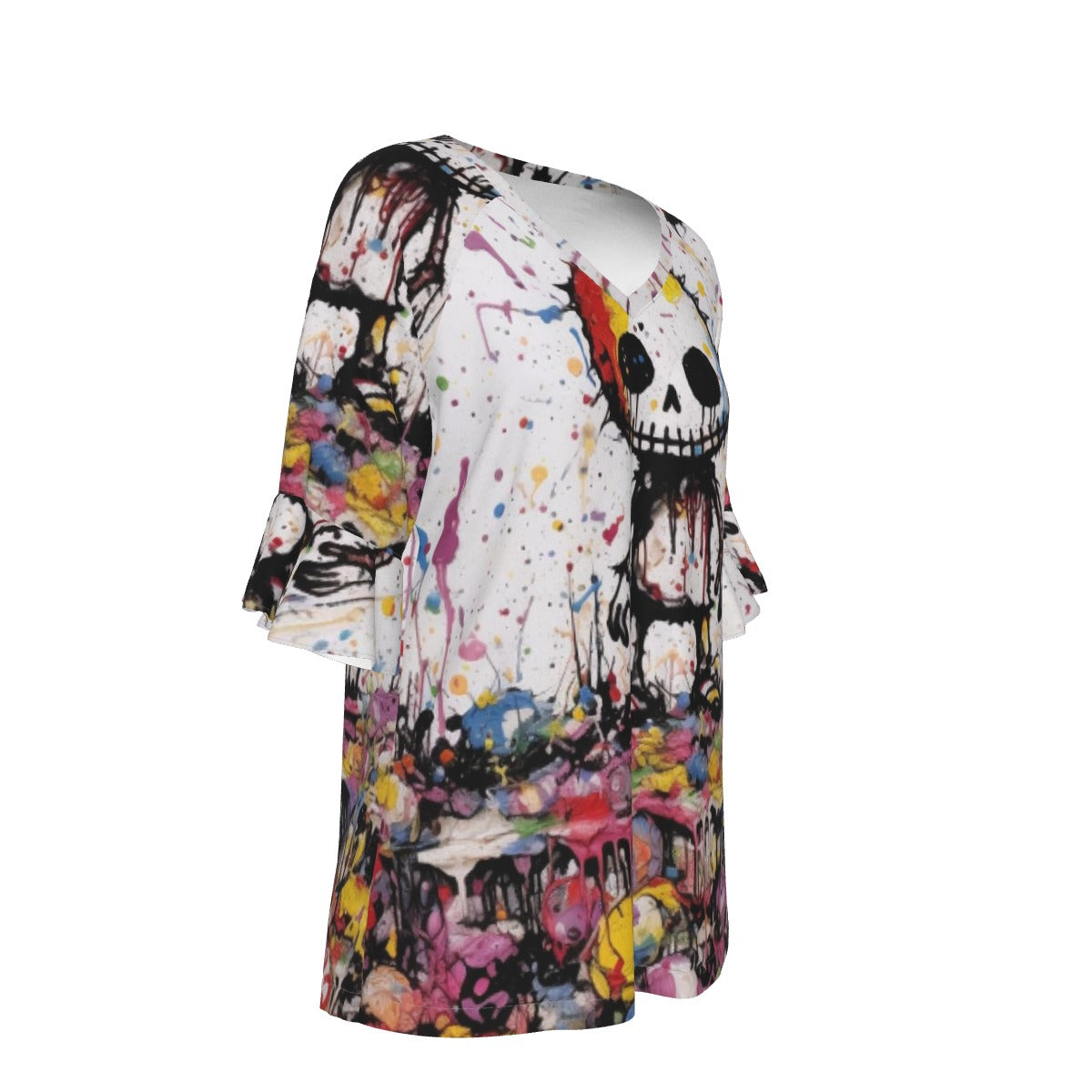 All-Over Print V-neck Women's T-shirt With Bell Sleeve