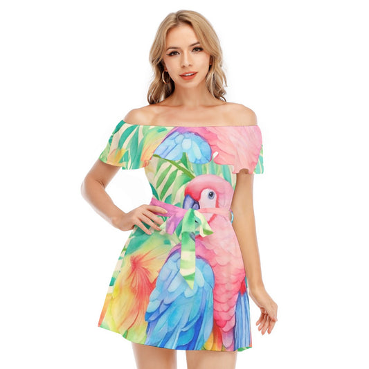 All-Over Print Women's Off-shoulder Dress With Ruffle