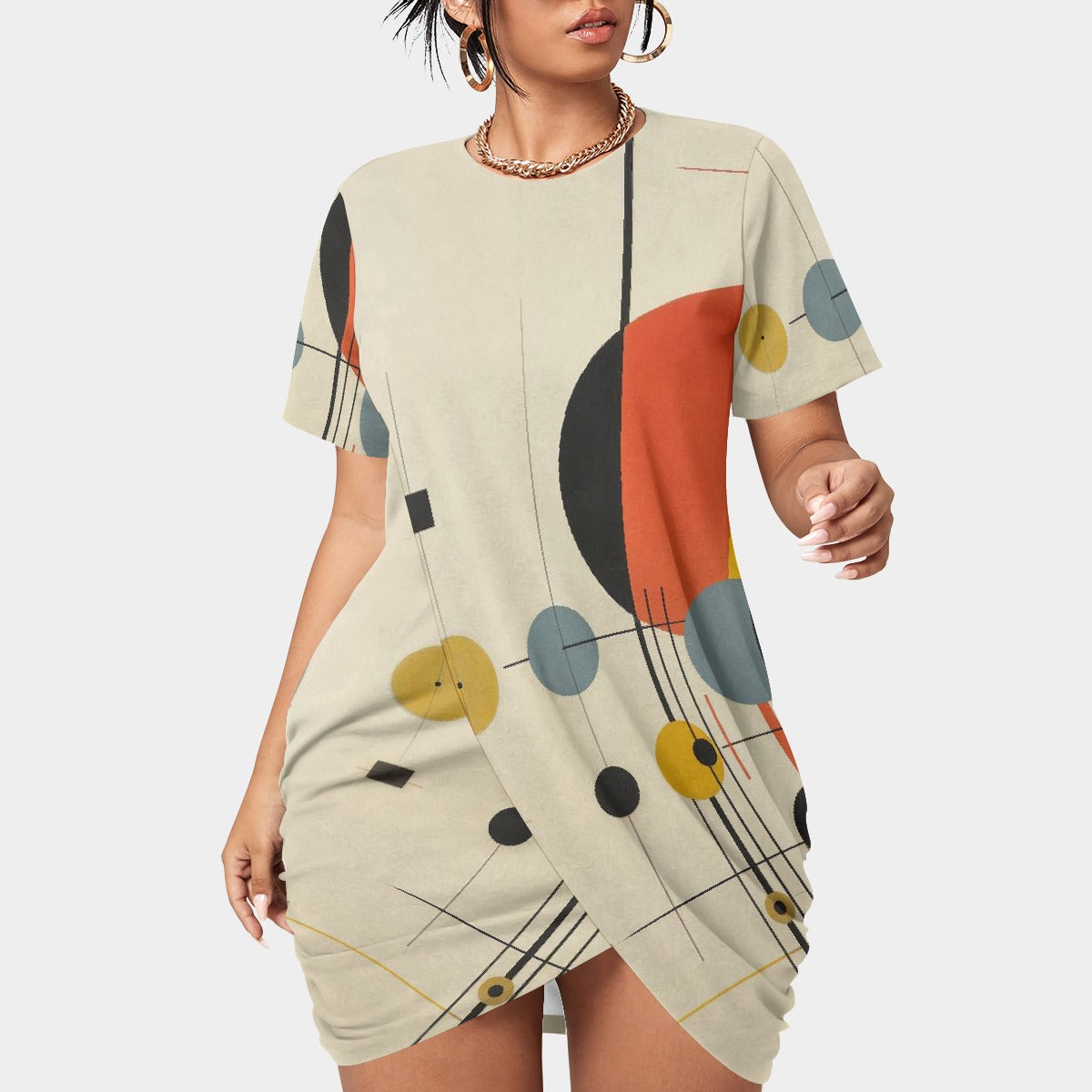 All-Over Print Women’s Stacked Hem Dress With Short Sleeve（Plus Size）